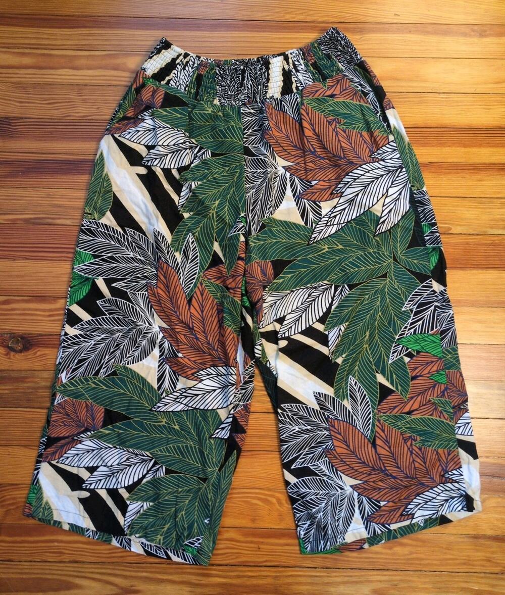 Tahari Goucho Pants 1X Wide Leg Linen Blend Elastic Waist Pockets Tropical